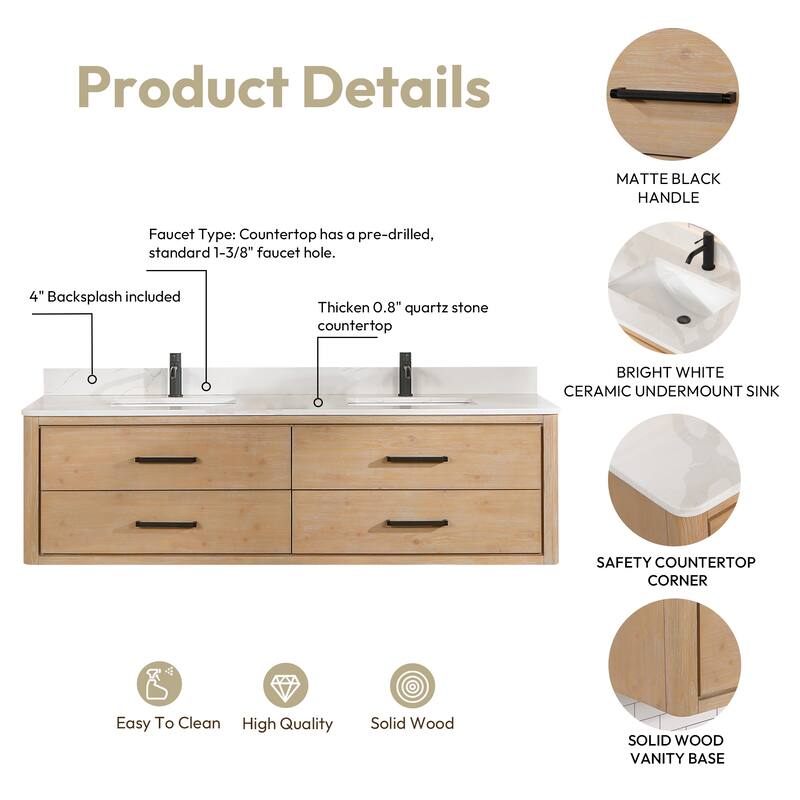 Cristo Floating Bath Vanity with White Quartz Stone Top and Mirror