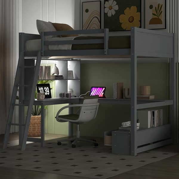 slide 2 of 35, Full Pine Loft Bed with Desk & Smart Charging Gray