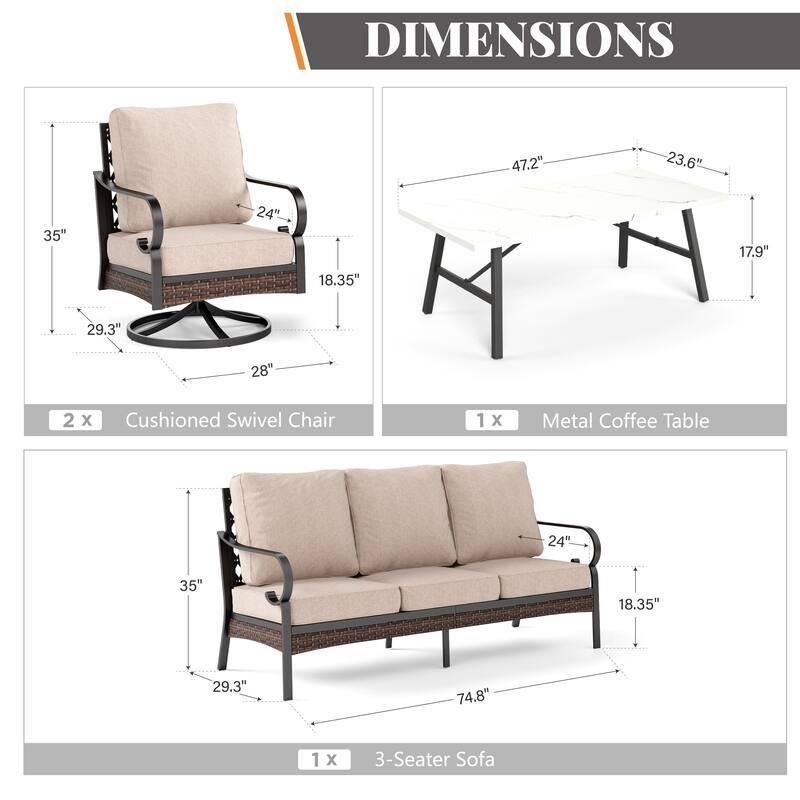 MAISON ARTS 5-Seat Outdoor Patio Furniture Sets, 2 x Cushioned Chairs, 1 x 3-Seat Sofa with Marbling Coffee Table