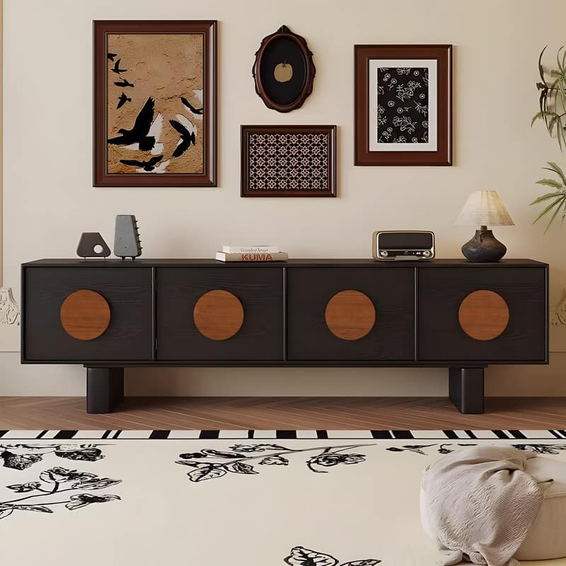 71" Mid Century Modern Black TV Stands, With Solid Wood Veneer, 4 Cabinets Media Console