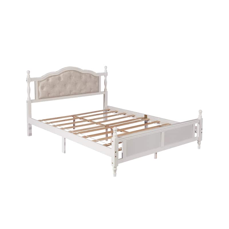 Classic Platform Bed Wooden Frame Queen Size Bed with Upholstered Tufted Headboard, Panel Footboard and Central Support Feet