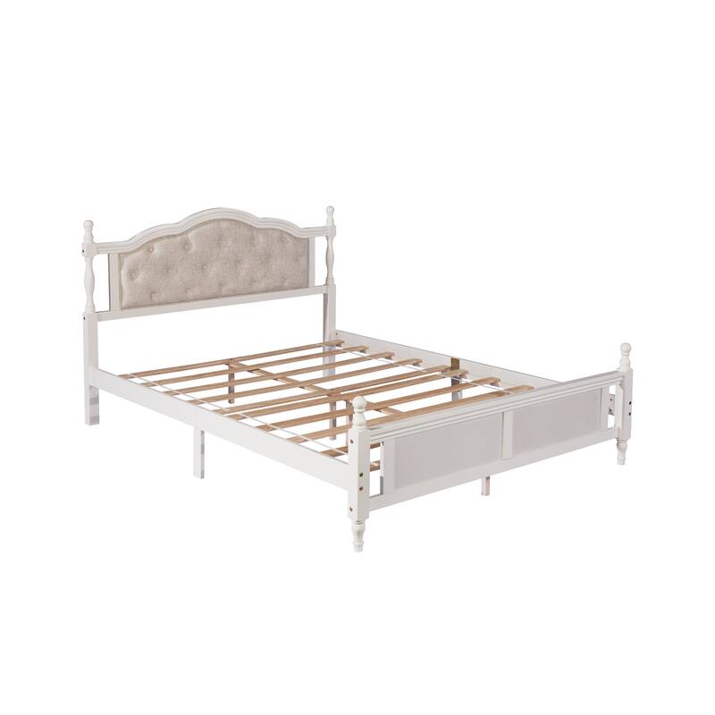 Queen Size Pine Wood Platform Bed - Upholstered Headboard, Support Feet