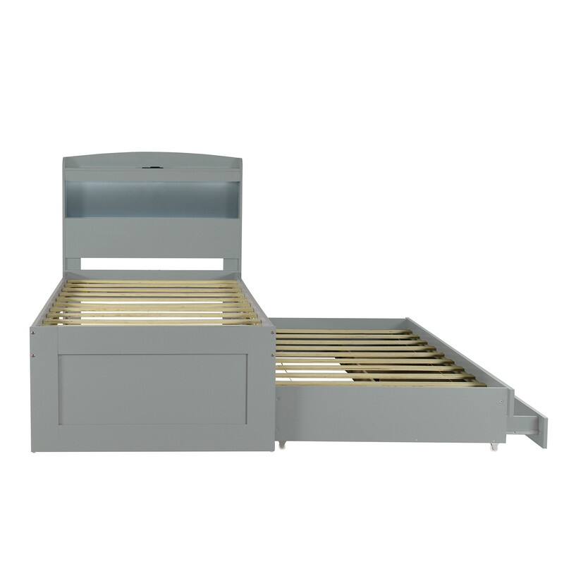 Twin/Full XL Size Platform Bed with Storage LED Headboard &Charging Station, Wood Bed Frame with Twin Size Trundle and 2 Drawers