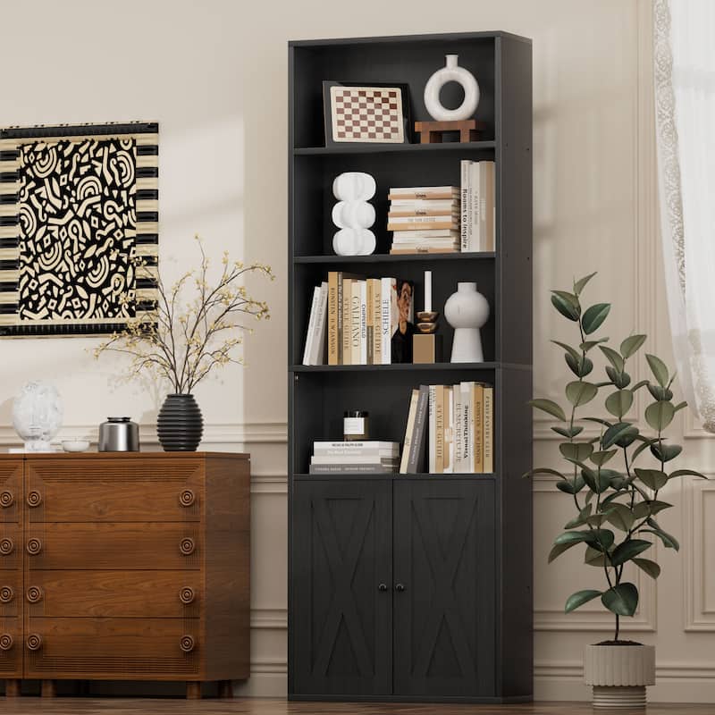 Farmhouse 6-Tier Open Bookcase and Bookshelf with Doors