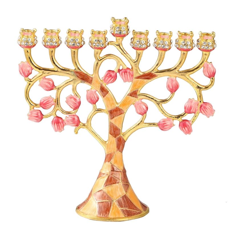 Matashi Hand-Painted Spinning Dreidel Holiday Ornament & Enamel Menorah Candelabra w Pomegranate Design w Crystals Hanukkah Gift