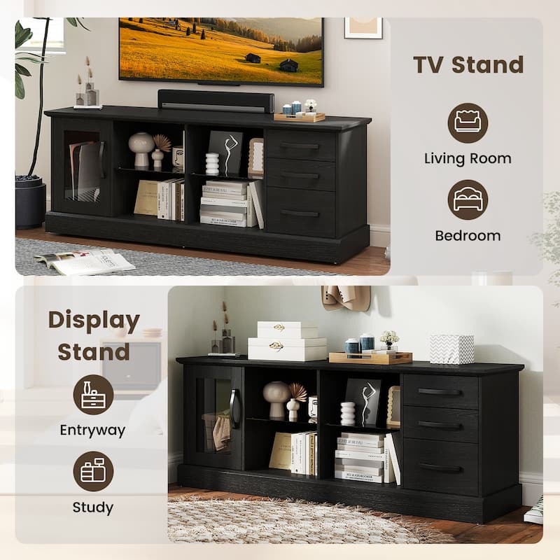 Gymax 63'' Media Console Table w/ 3 Drawers 2 Glass Shelves Cable