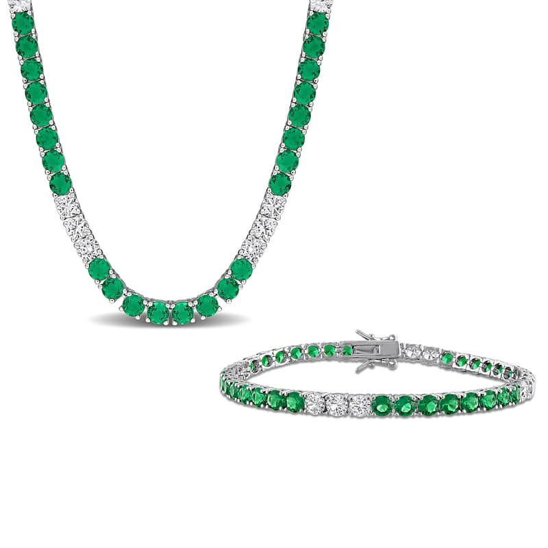 Miadora Sterling Silver Gemstone Tennis Bracelet and Necklace Set - Green