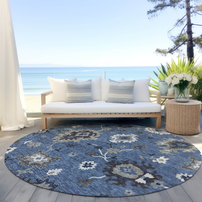 Machine Washable Indoor/ Outdoor Chantille Traditonal Kashan Rug - Blue - 8' x 8'