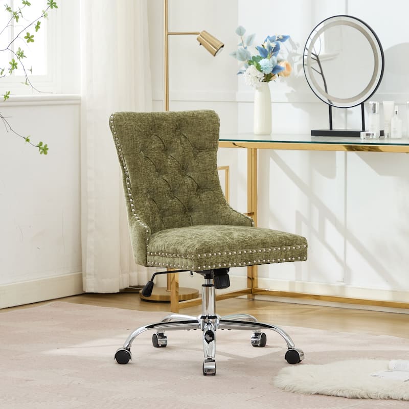 GDF Studio - Modern Chenille Tufted Upholstered Office Chair with Chrome Metal Base with Nailhead Trim and High-Rebound Cushion - Green