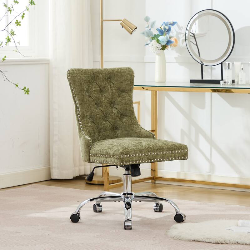 Modern Chenille Upholstered Tufted Button Home Office Chair with Chrome Metal Base,Adjustable Desk Chair Swivel Office Chair - Green