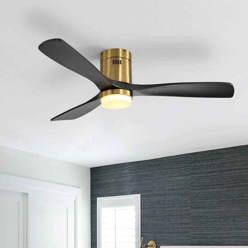52 Inch Flush Mount Wood Blades White Ceiling Fan Reverse Airflow,6 Wind Speed,Remote Control