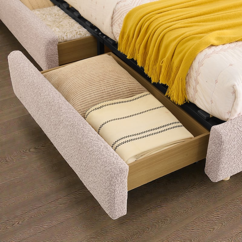 Upholstered Bed Frame with Tall Curved Headboard and Storage Drawers, Modern Minimalist Platform Bed No Box Spring