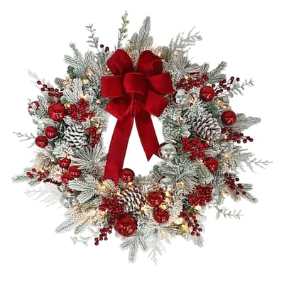 Puleo International 26" Battery-Operated Pre-Lit Decorated Artificial Wreath