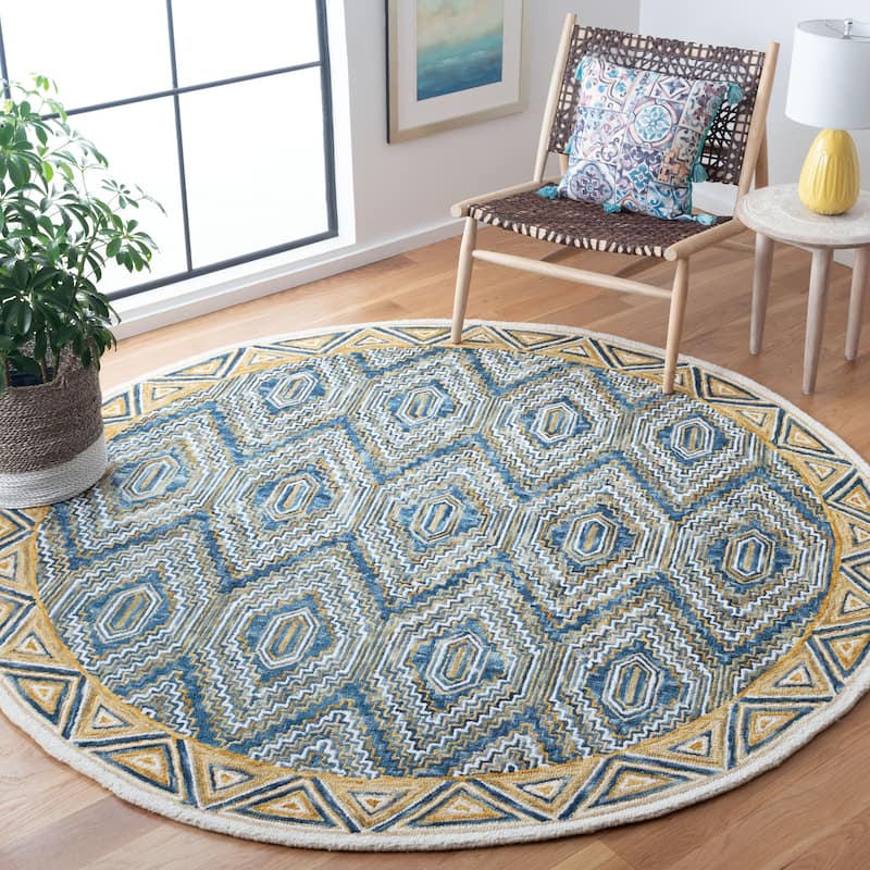 SAFAVIEH Handmade Aspen Frumah Boho Tribal Wool Rug - - 7' Round - Blue/Gold