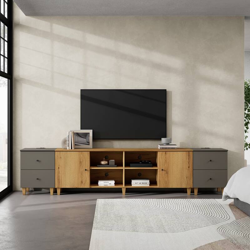 WAMPAT Wood TV Stand with Drawer & Charging Station for 100 Inches TVs