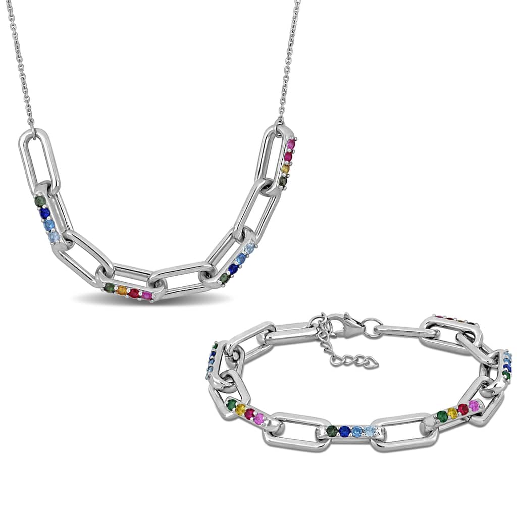 Miadora 3.5ct TGW Multi-Gem Link Necklace Bracelet Set Sterling Silver