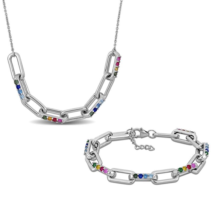 Miadora 3.5ct TGW Multi-Gem Link Necklace Bracelet Set Sterling Silver