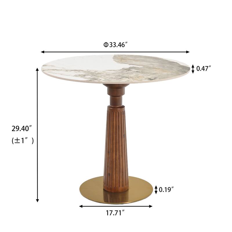 33" Retro Round Side Table, Glass & Sintered Stone Tabletop Dining Table with Solid Wood Pedestal