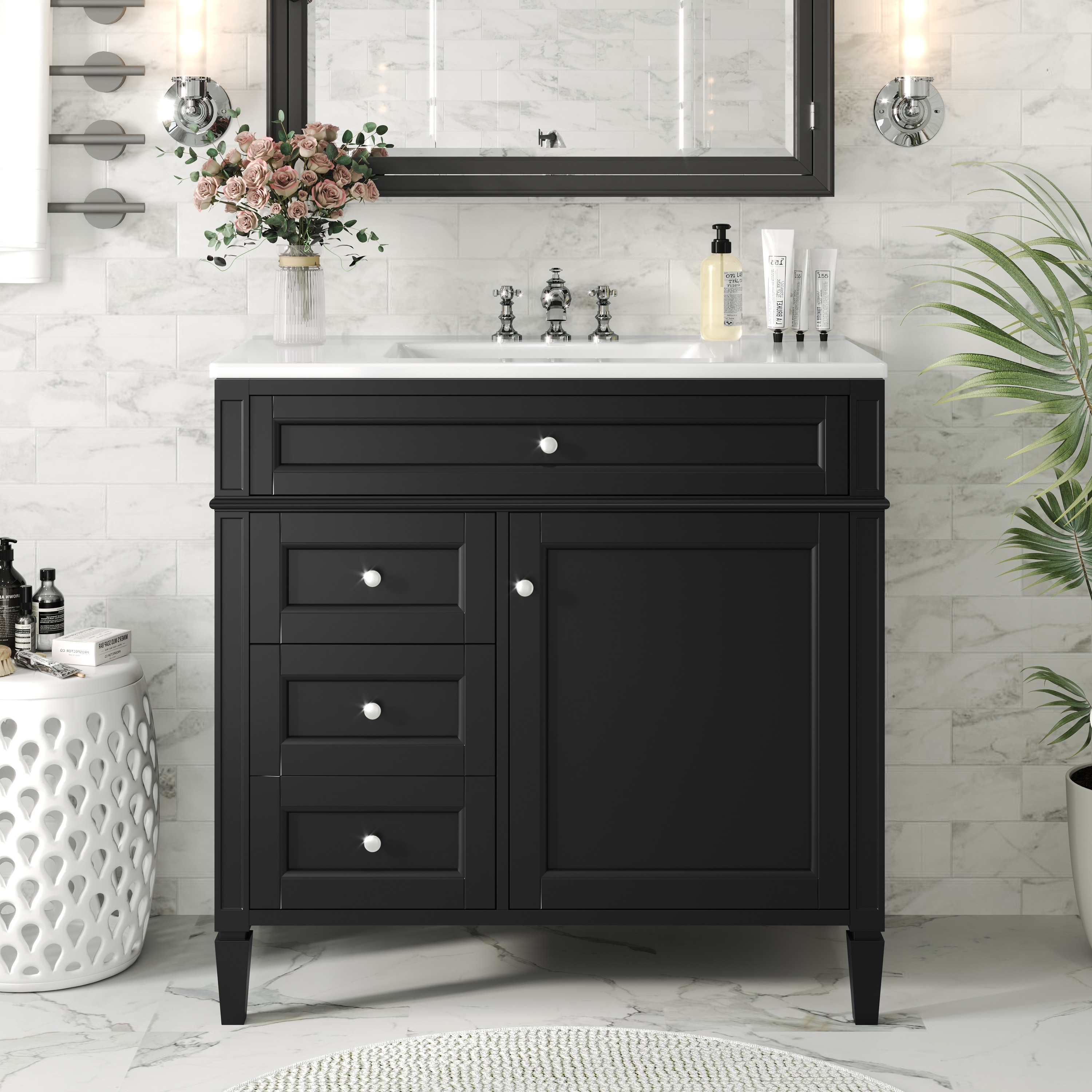 Freestanding Single Bathroom Vanity Set with Glossy White Ceramic Sink