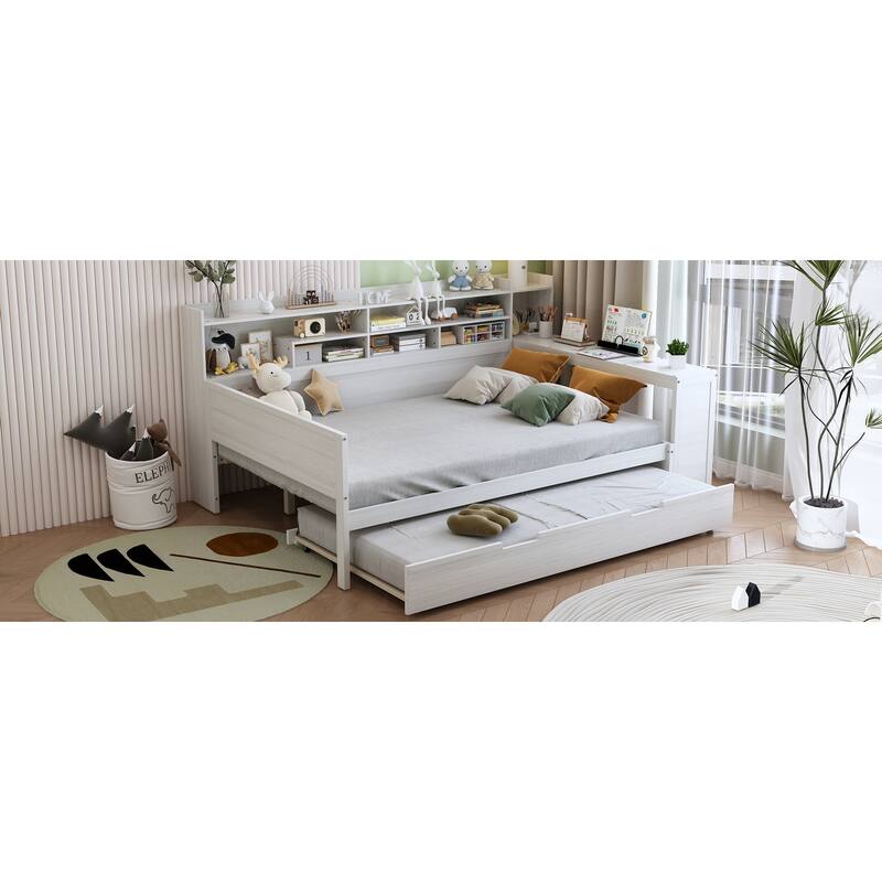Full Size Daybed with Storage Shelves, Multi-Functional Bed with Twin Trundle and Built-In Study Desk, Space-Saving Design