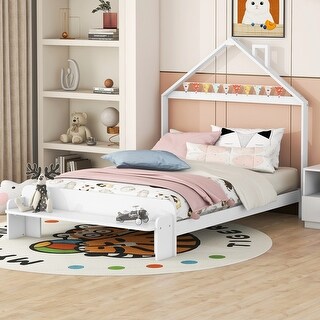 Full Size Wood Platform Bed with House-Shaped Headboard, Footboard Bench, and Wooden Support