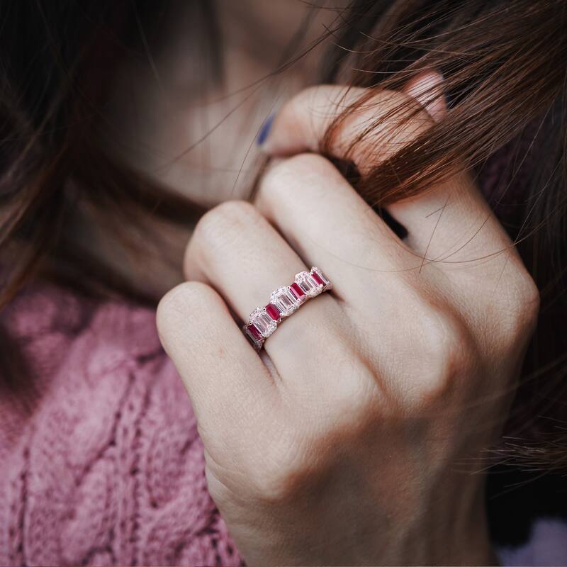 Miadora 5ct TDW Lab-Grown Diamond and 1ct TGW Created Ruby Semi-Eternity Ring in 14k White Gold