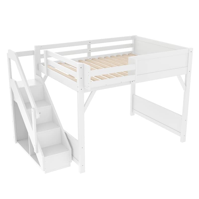Full Size Loft Bed with Built-in Wardrobe and Storage Space, Solid Wood Loft Bed with Beside Shelves