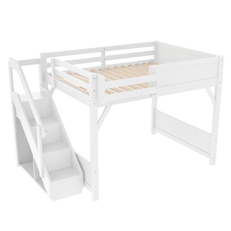 Kids Solid Wood Loft Bed Frame with Built-in Wardrobe, Storage Shelves, Full-length Guardrails and Stairs, No Box Spring Needed