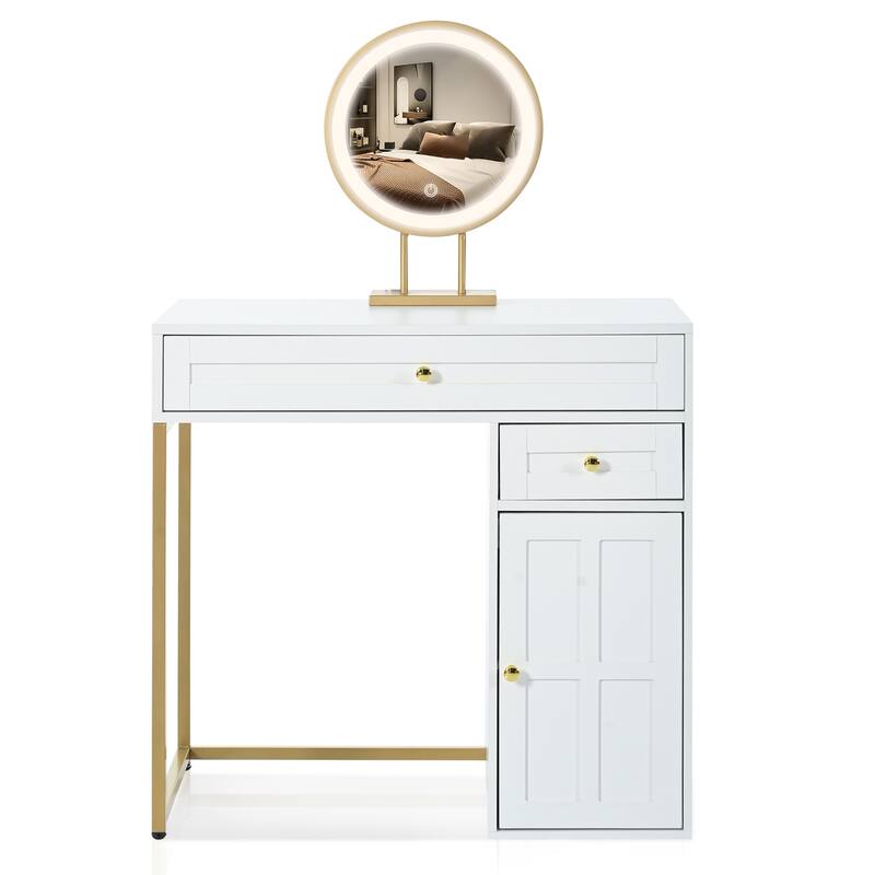 31.5''Makeup Vanity Desk With Mirror,Luxury Dressing Table With 2 Drawers And 1 Cabinet,3 Lighting Modes