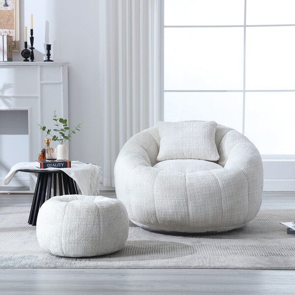 HOMEFUN Chenille Upholstered Round Lazy Cozy Bean Bag Chair with Ottoman and a Pillow On Sale Bed Bath Beyond 39969150
