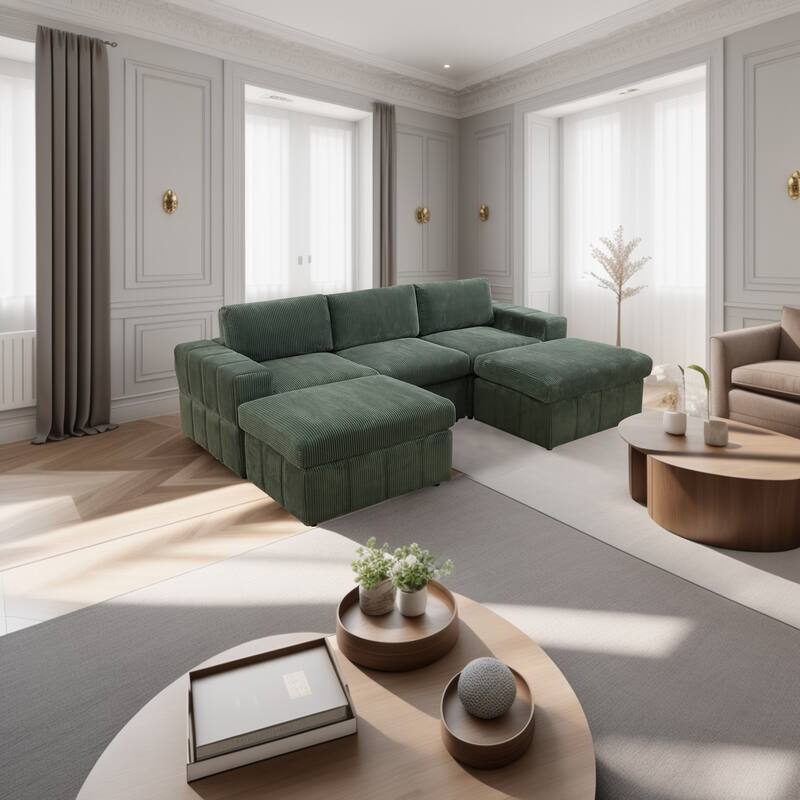 104'' Modern 5 Seaters Corduroy Sectional Sofa with 2 Ottomans, U-Shaped Modular Couch - Green