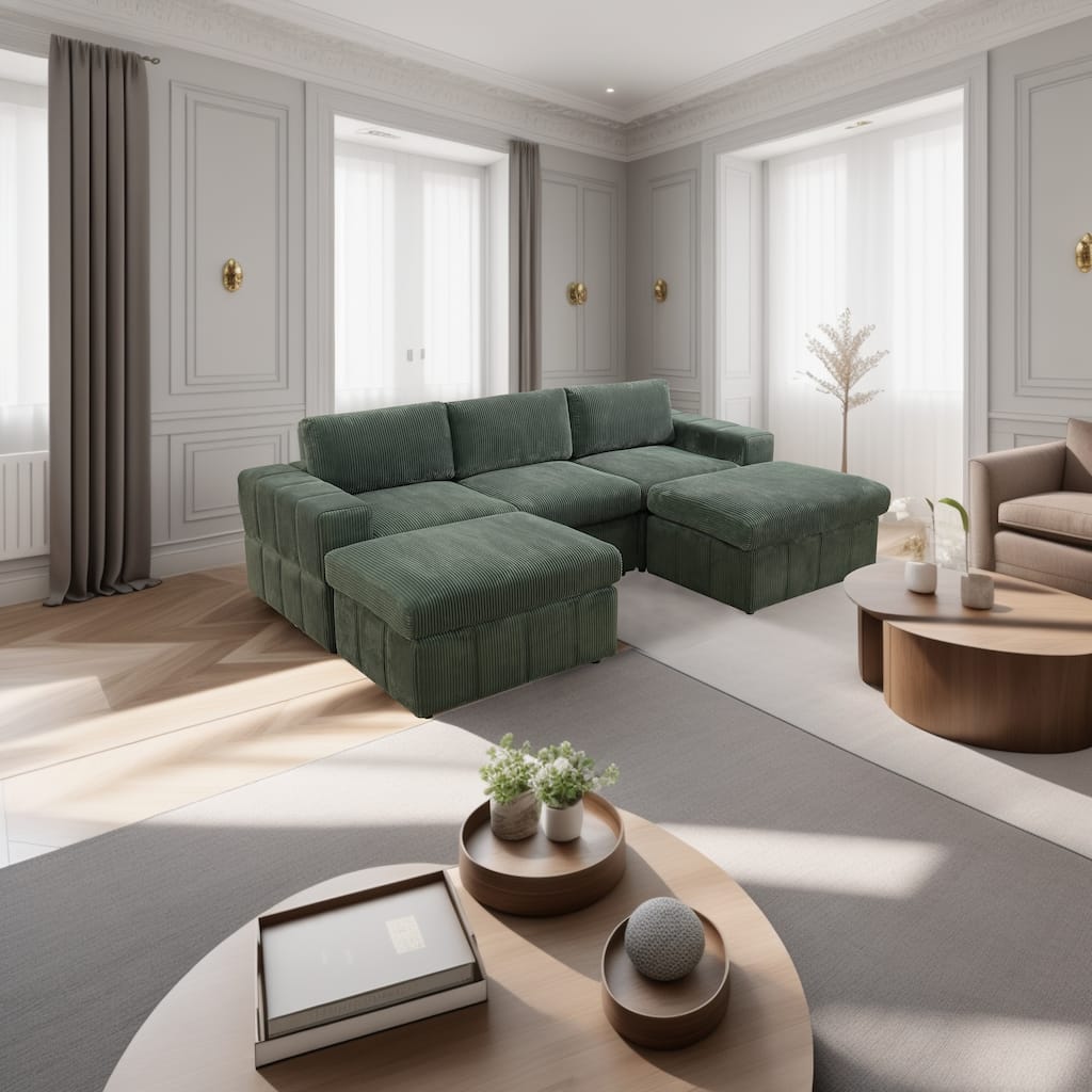 104'' Modern 5 Seaters Corduroy Sectional Sofa with 2 Ottomans, U-Shaped Modular Couch