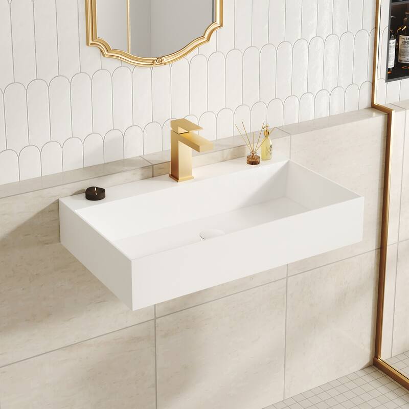 Solid Surface Wall-Mounted Rectangular Bathroom Sink with Pop-Up Drain, Modern Floating Wash Basin with Center Drain