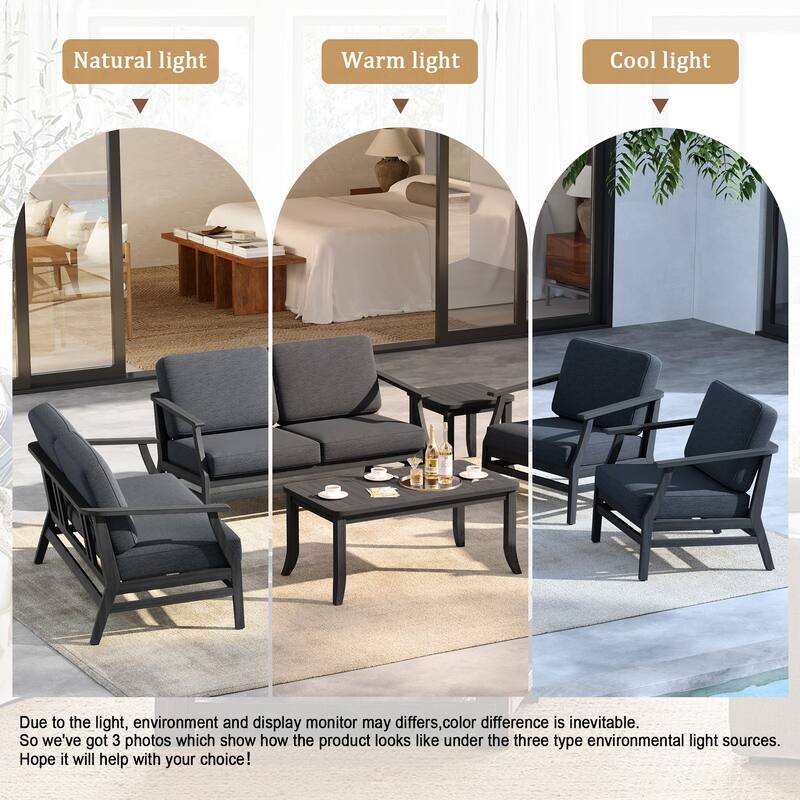 6-Seat Outdoor Teak Wood Patio Conversation Set with Cushions Tables