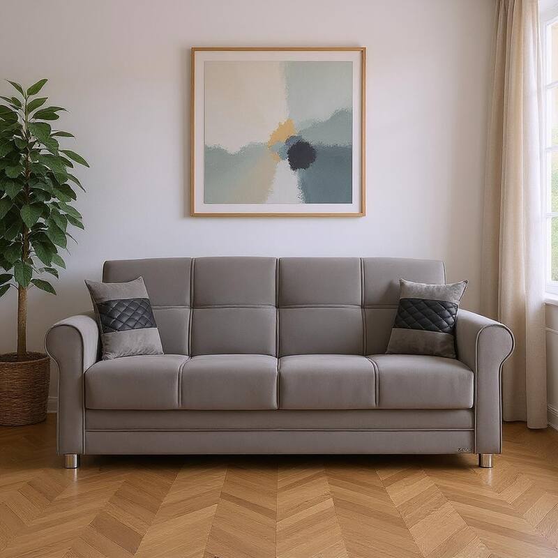 HomeRoots 89" Gray Microfiber Convertible Futon Sleeper Sofa And Toss Pillows With Storage - Gray