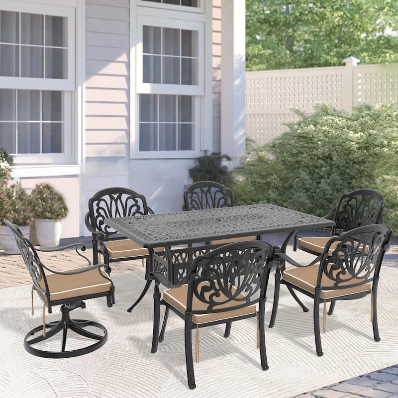Outdoor 7 Piece All-Weather Cast Dining Set with 2 Swivel Chairs 4 Dining Chairs and Rectangular Table