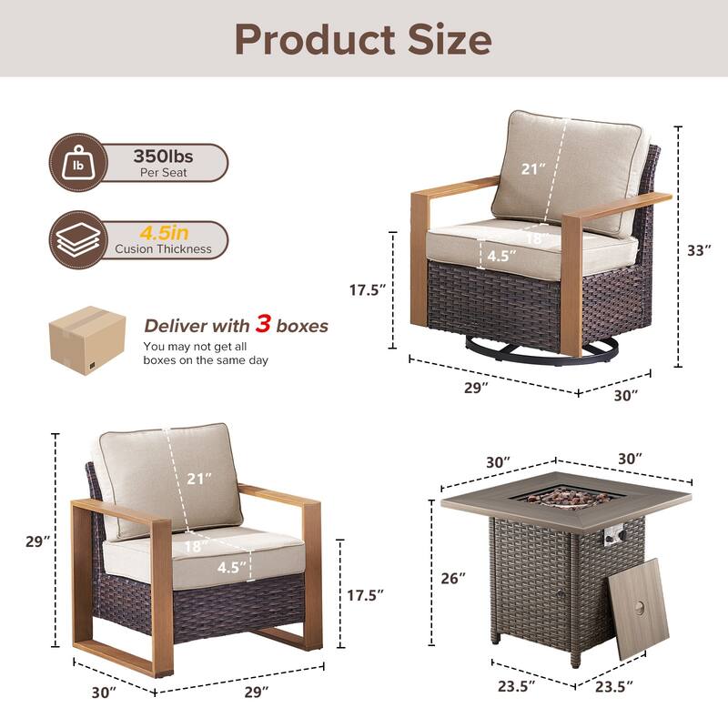 Meyreso 5-Piece Wicker Patio Conversation Set with Fire Pit & Plush 4.5" Olefin Cushions