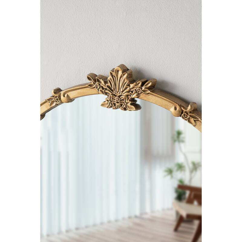 Round Gold Finish Wall Mirror - Decorative Leaf Crest