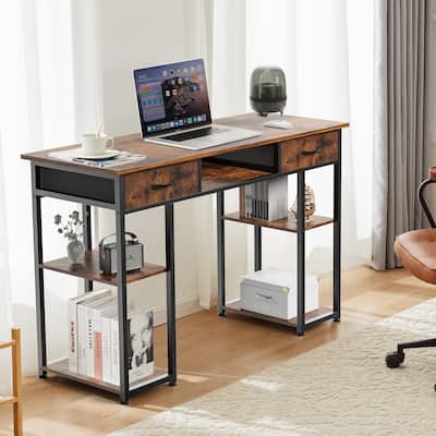 Brown Office Desk / Computer Desk / Small Gaming Desk with Monitor Stand