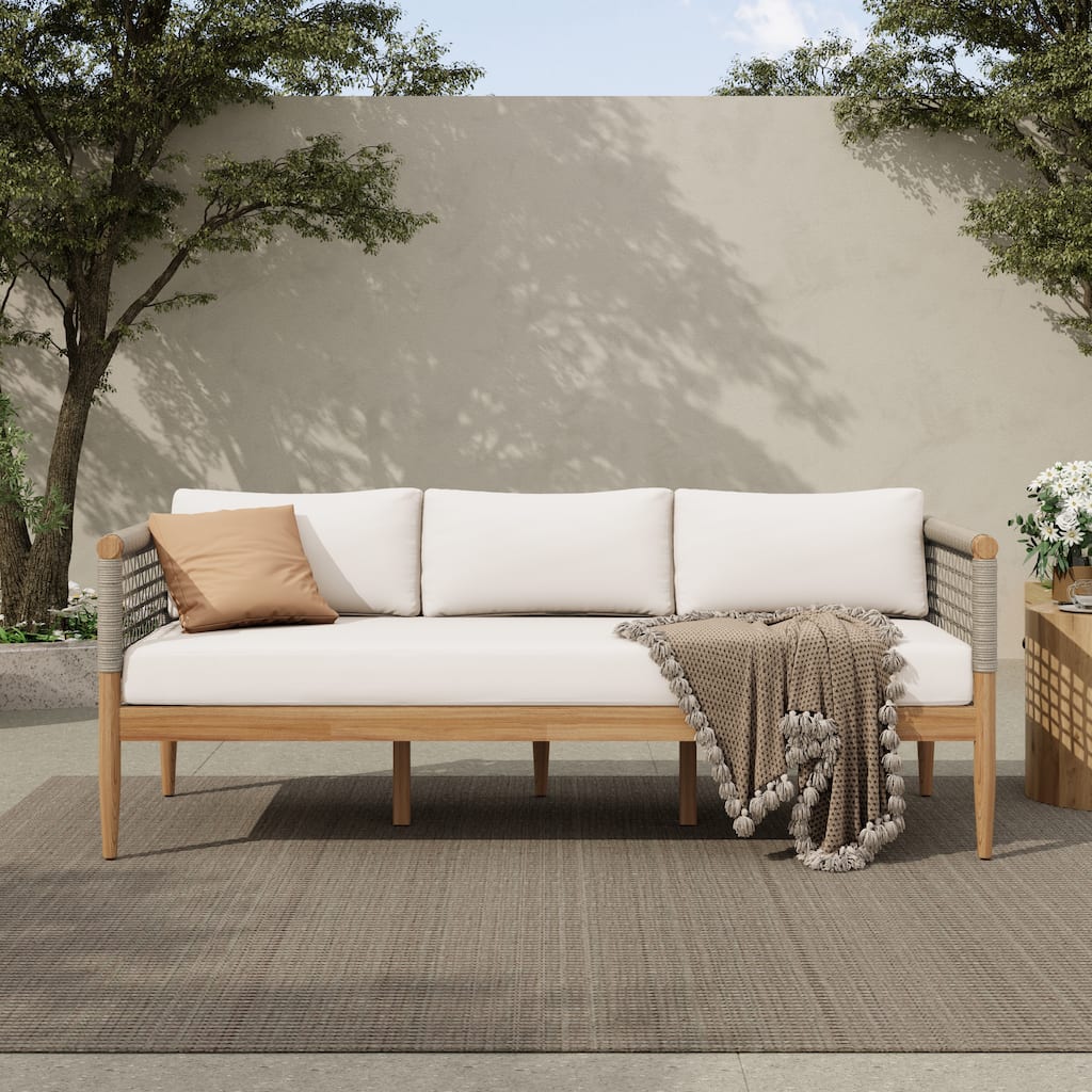 Christopher Knight Home - Outdoor Acacia Wood 3-Seater Sofa with Rope Arms and Cushions