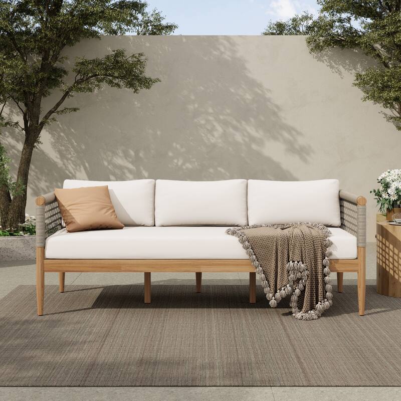 Christopher Knight Home - Outdoor Acacia Wood 3-Seater Sofa with Rope Arms and Cushions - Beige,Light Teak