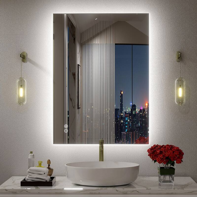 Frameless Anti-Fog 3 Colors Dimmable LED Backlit Wall Bathroom Vanity Mirror - 32" x 24"-Rectangular
