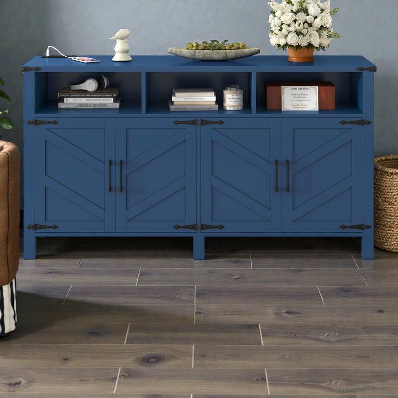 59" Modern 4-Door Sideboard with Power Outlets, USB Ports, Adjustable Shelves & Half-Open Storage Cabinet