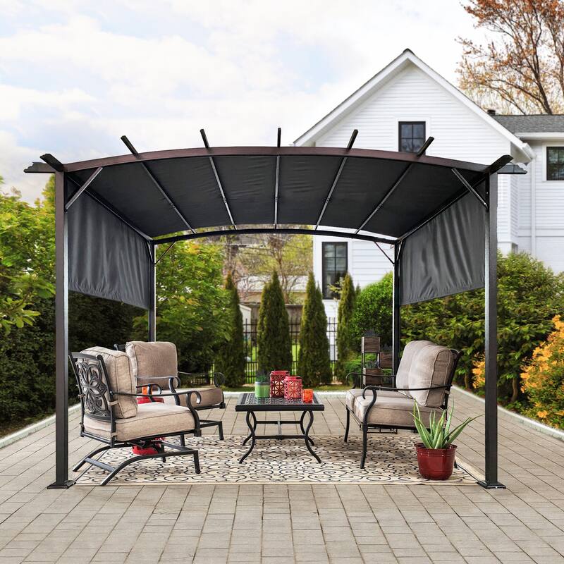 12x9 Ft Outdoor Pergola with Retractable Canopy, Steel Frame Gazebo for Gardens, Terraces, and Backyards - Grey
