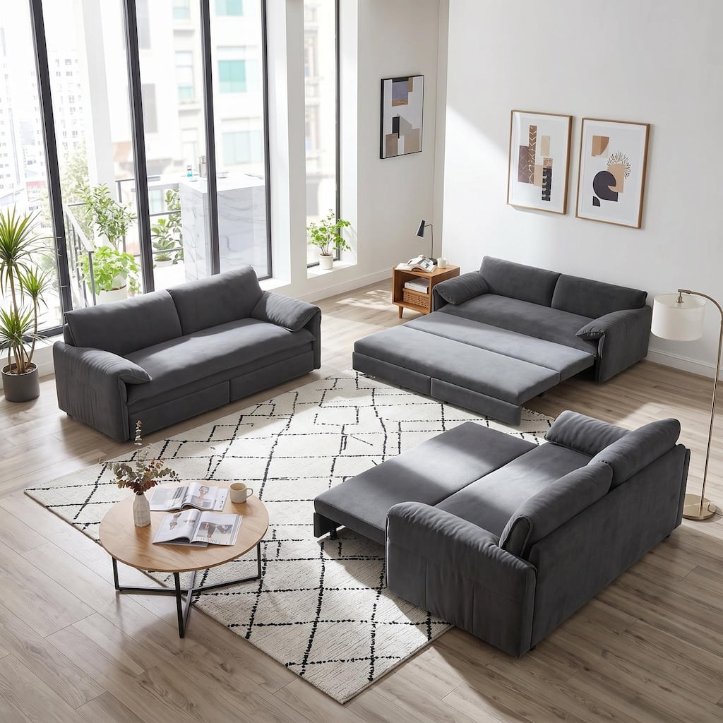 Homy Casa 66" Queen Pull-Out Sofa Bed with Storage, Velvet Loveseat