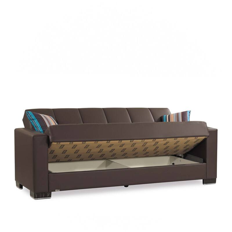 HomeRoots 87" Brown Faux Leather Convertible Futon Sleeper Sofa And Toss Pillows With Storage