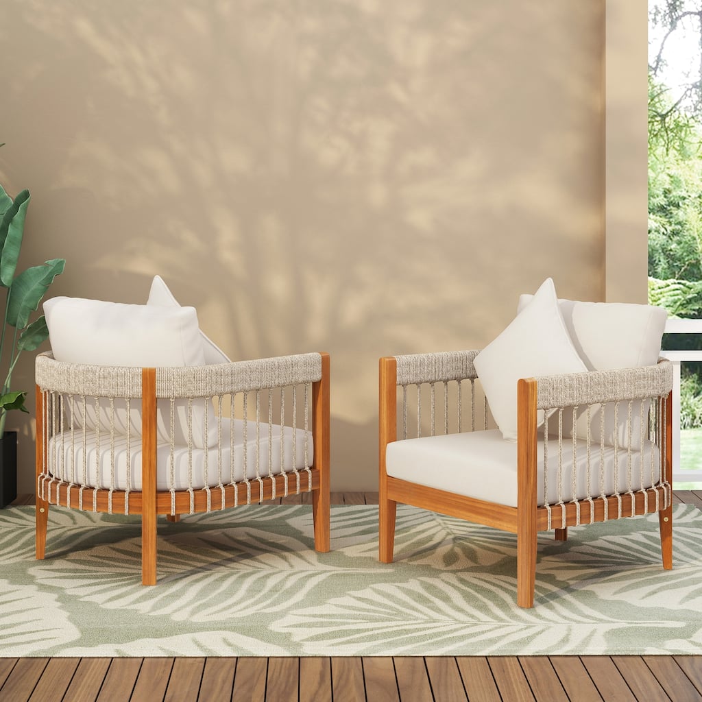 Set of 2 Acacia Wood Outdoor Club Chair with Removable Cushions for Porch
