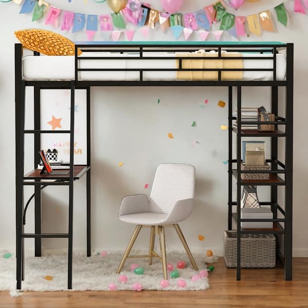 slide 2 of 20, Twin Loft Metal Bed with 3 Layers of Shelves and Desk,Versatility Galore,Black Black
