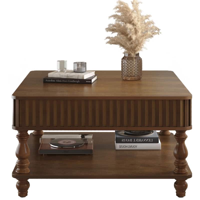 31.5 Inch Square Fluted Lift-Top Coffee Table with Hidden & Open Storage