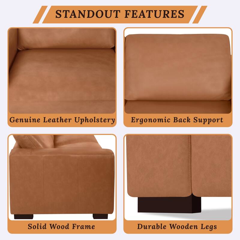 Genuine leather sofa & loveseat with feather cushions, square arms, sturdy & stylish.